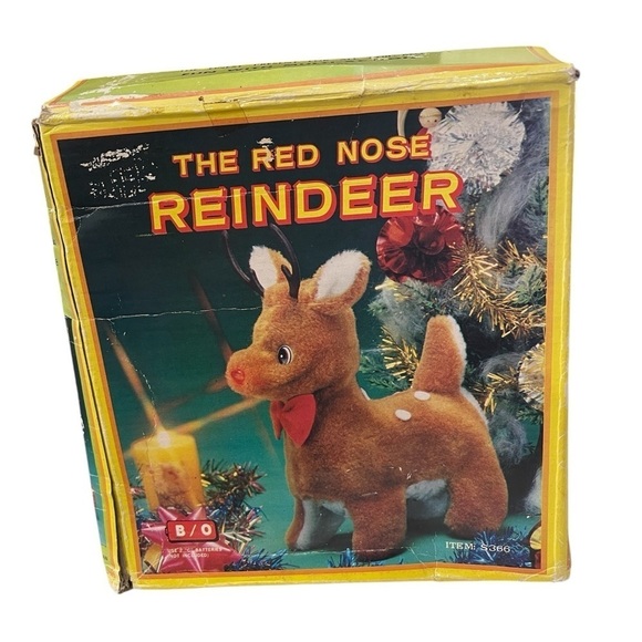 The Red Nose Reindeer Christmas Toy Vintage in Box S366 Red bow And Nose - Picture 1 of 8
